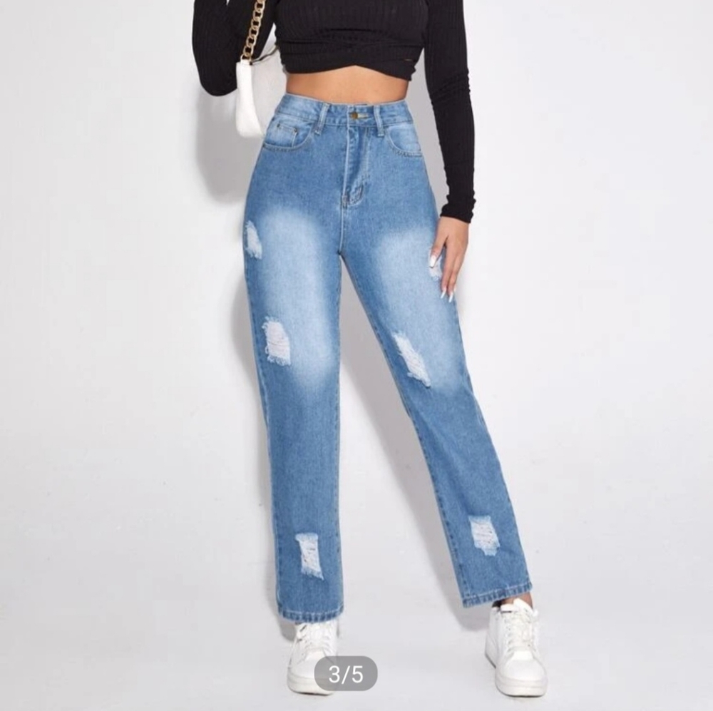 High Waist Ripped Straight Leg Jean